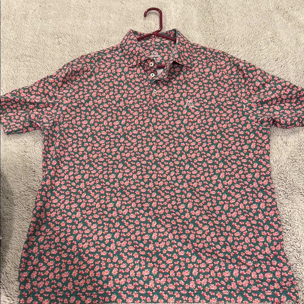 Rhoback Pink and Green Polo Shirt Vibrant Floral Design